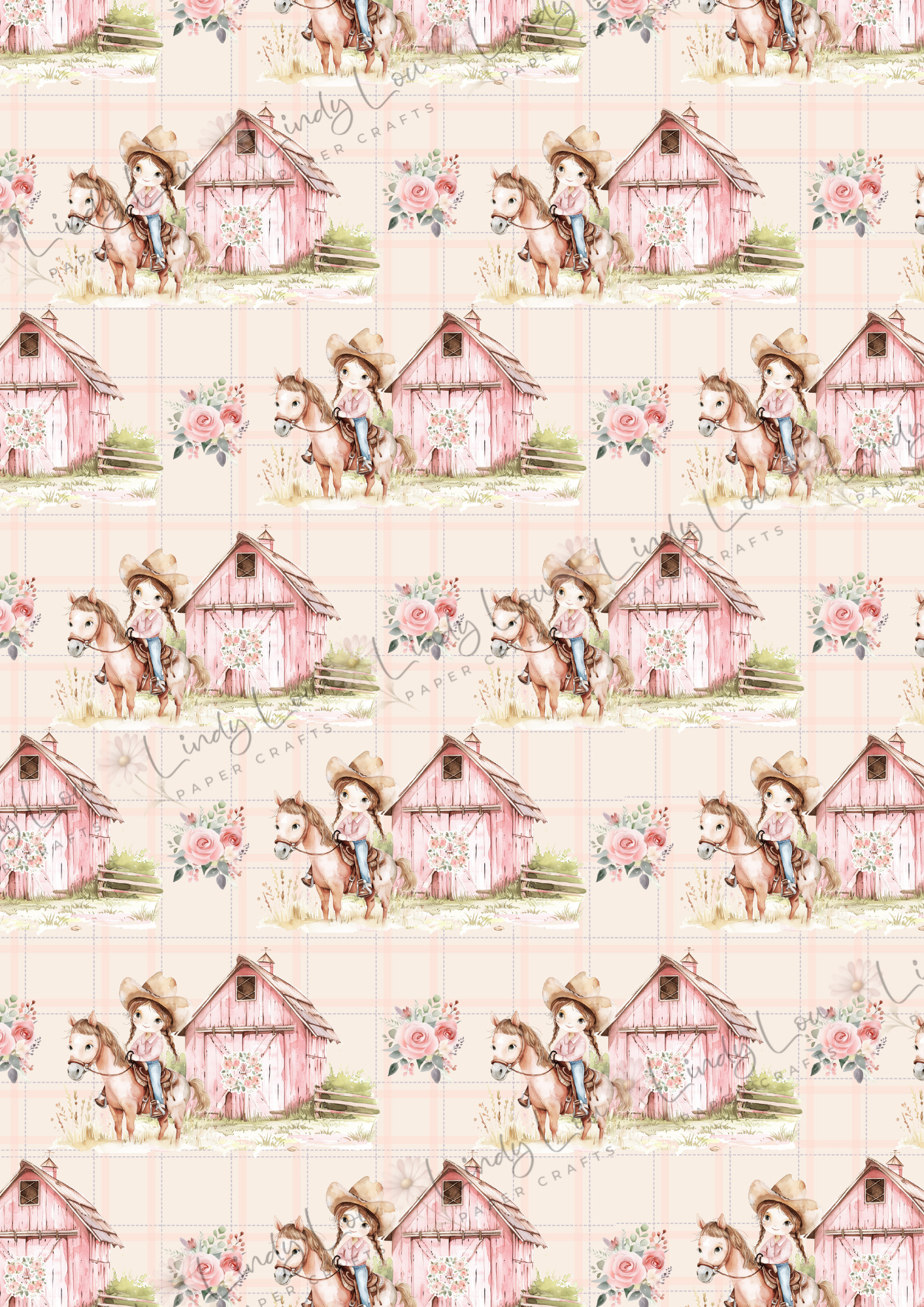 A4 Single Sheet - Cute Little Cowgirl - Pink Barn