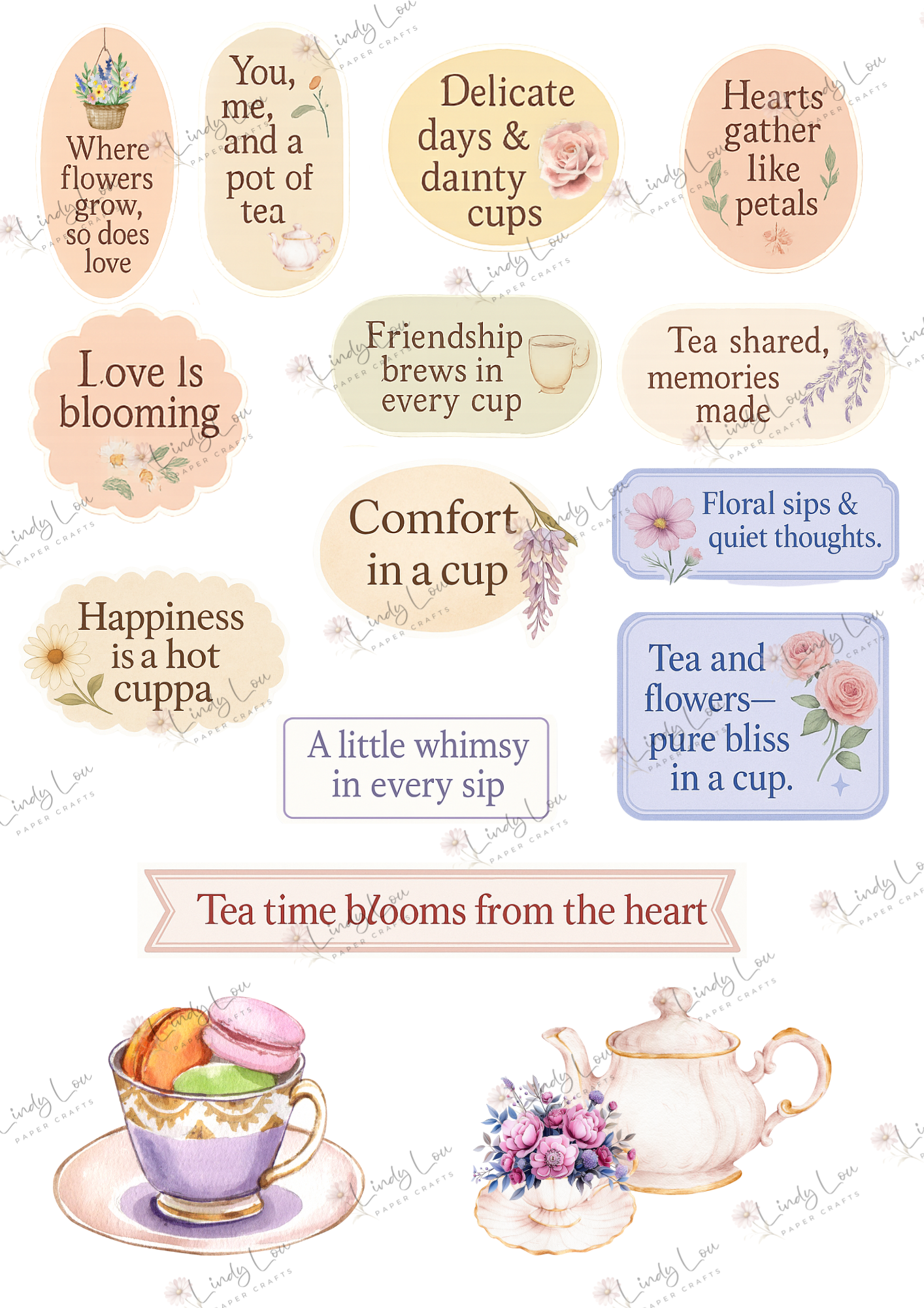 A4 Fussy Cut Sheets  - TeaCup Garden - Whispers Over Tea