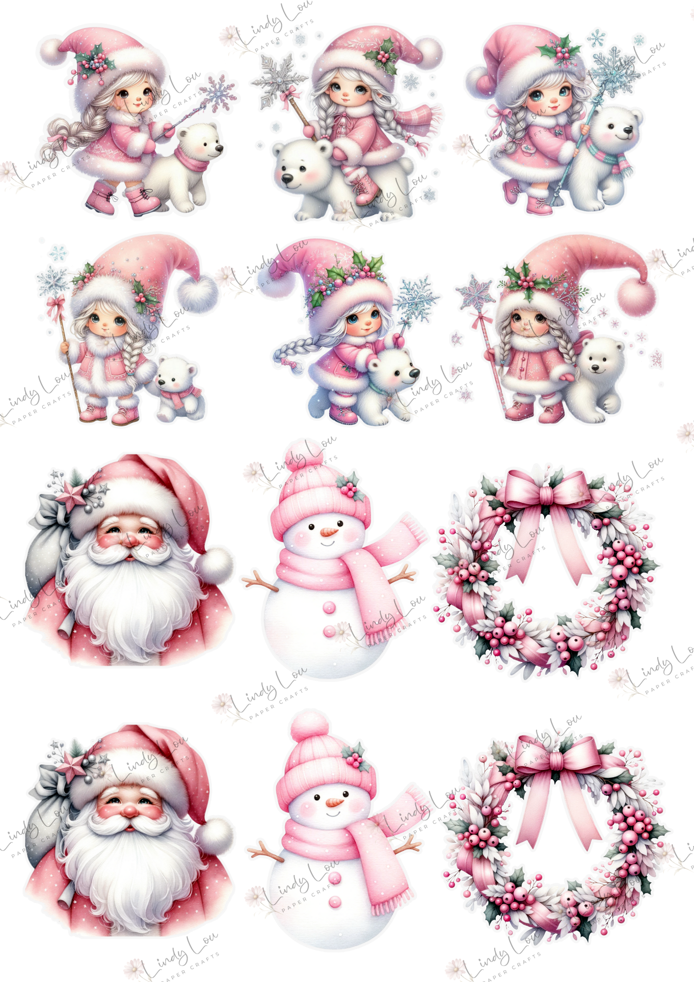 A4 Fussy Cut Sheets  - Pink Christmas - Snowflake Sparkle