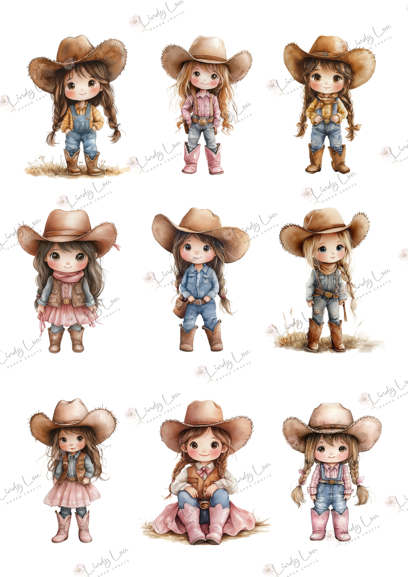 A4 Fussy Cut Sheets - Cute Little Cowgirl - Boots & Braids