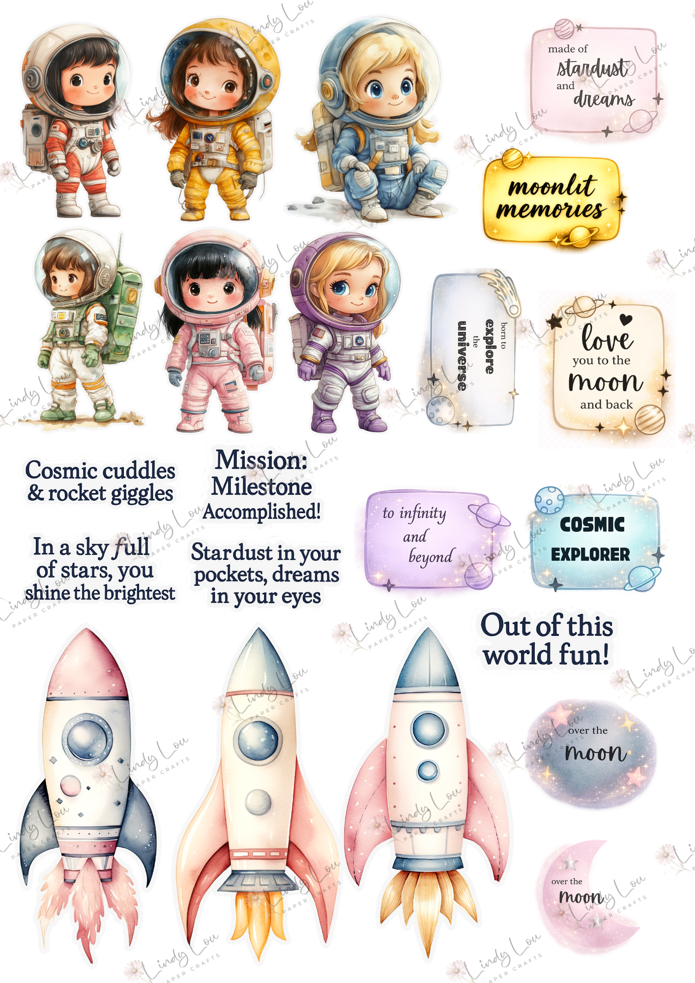 A4 Fussy Cut Sheets - Cosmic Cuties - Galaxy Giggles
