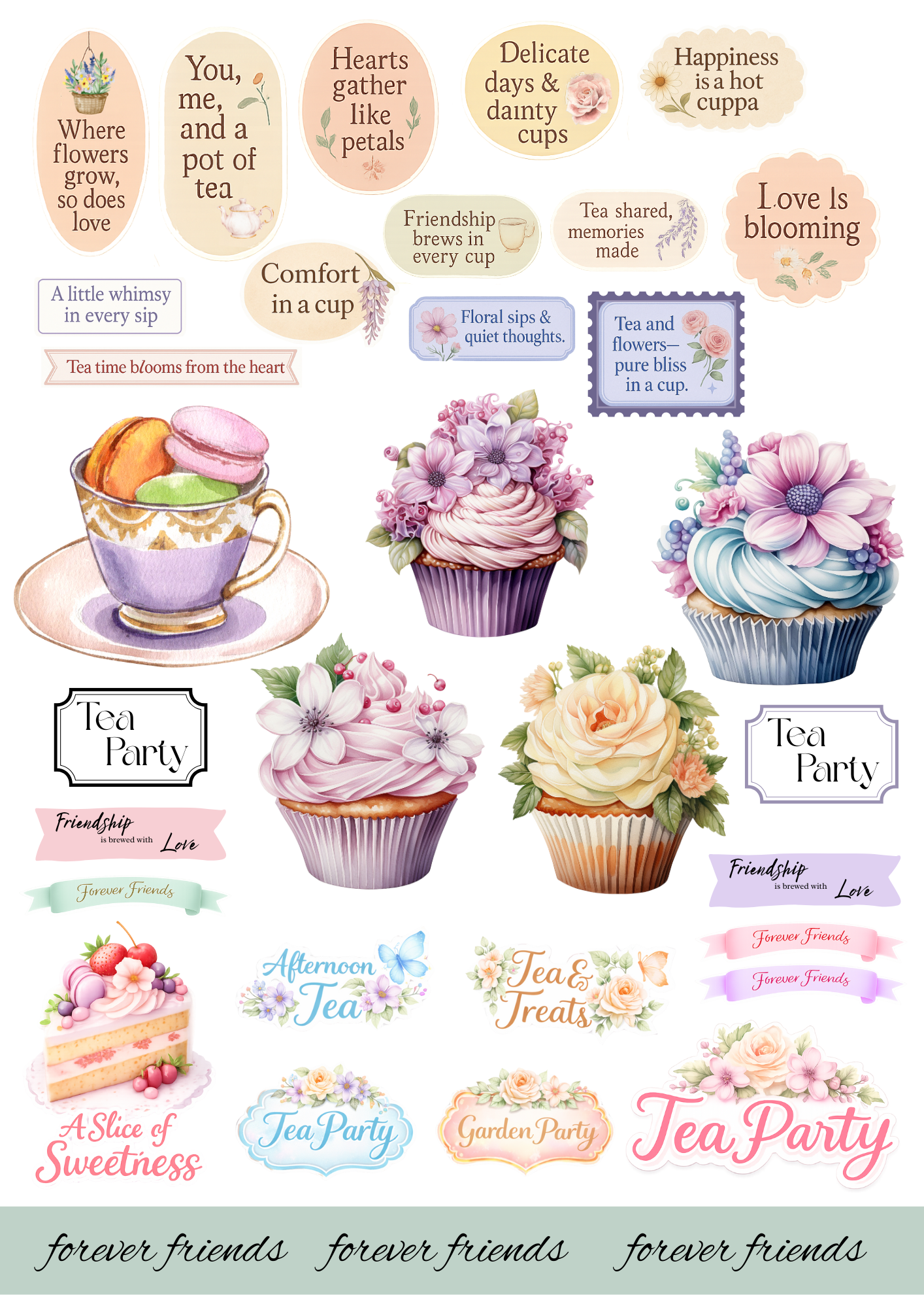 A4 Fussy Cut Sheets - Teacup Garden - Whispers Over Tea