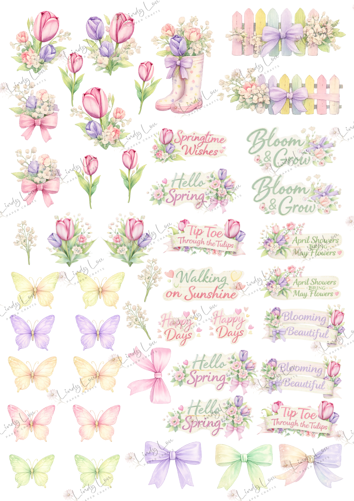 A4 Fussy Cut Sheets - Tip Toe Through The Tulips - Petals Bows & Butterflies