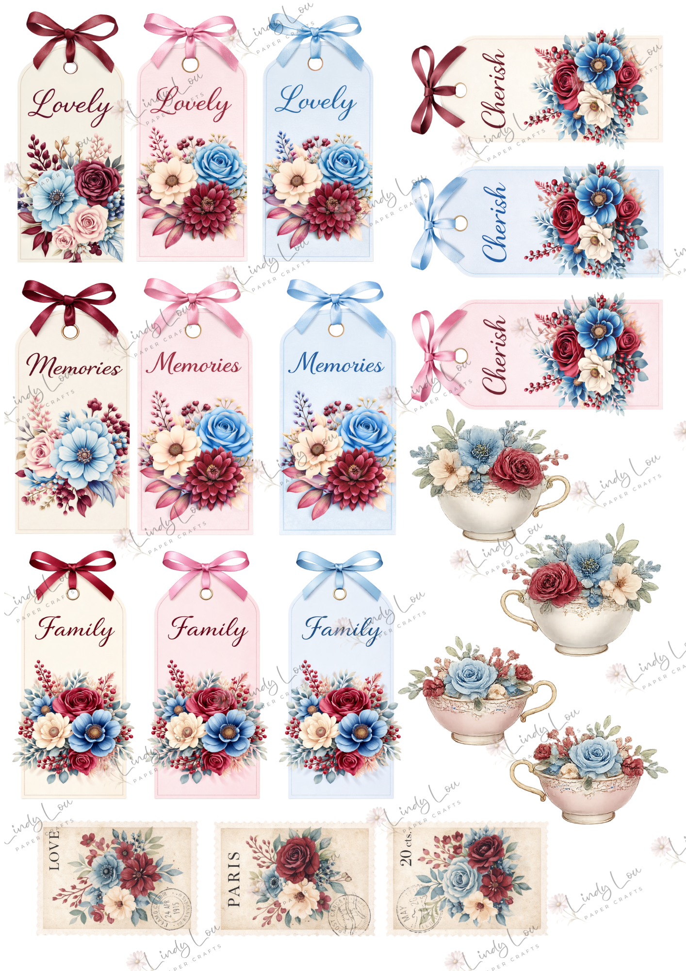 A4 Fussy Cut Sheets - Burgundy & Blue - Sweet Tags