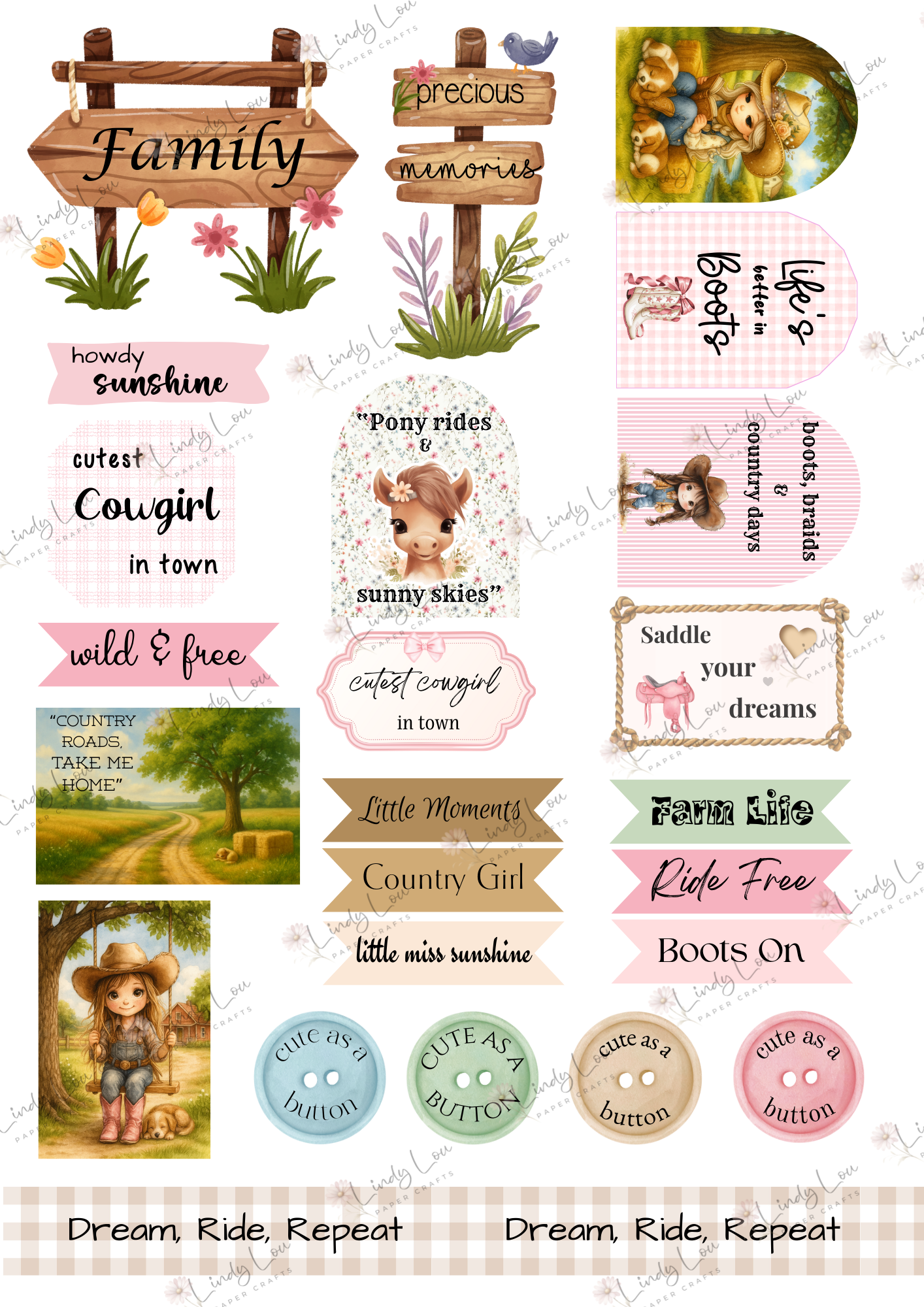 A4 Fussy Cut Sheets - Cute Little Cowgirl - Prairie Sweethearts