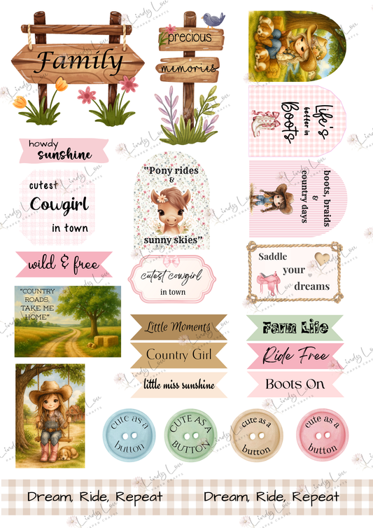 A4 Fussy Cut Sheets - Cute Little Cowgirl - Prairie Sweethearts