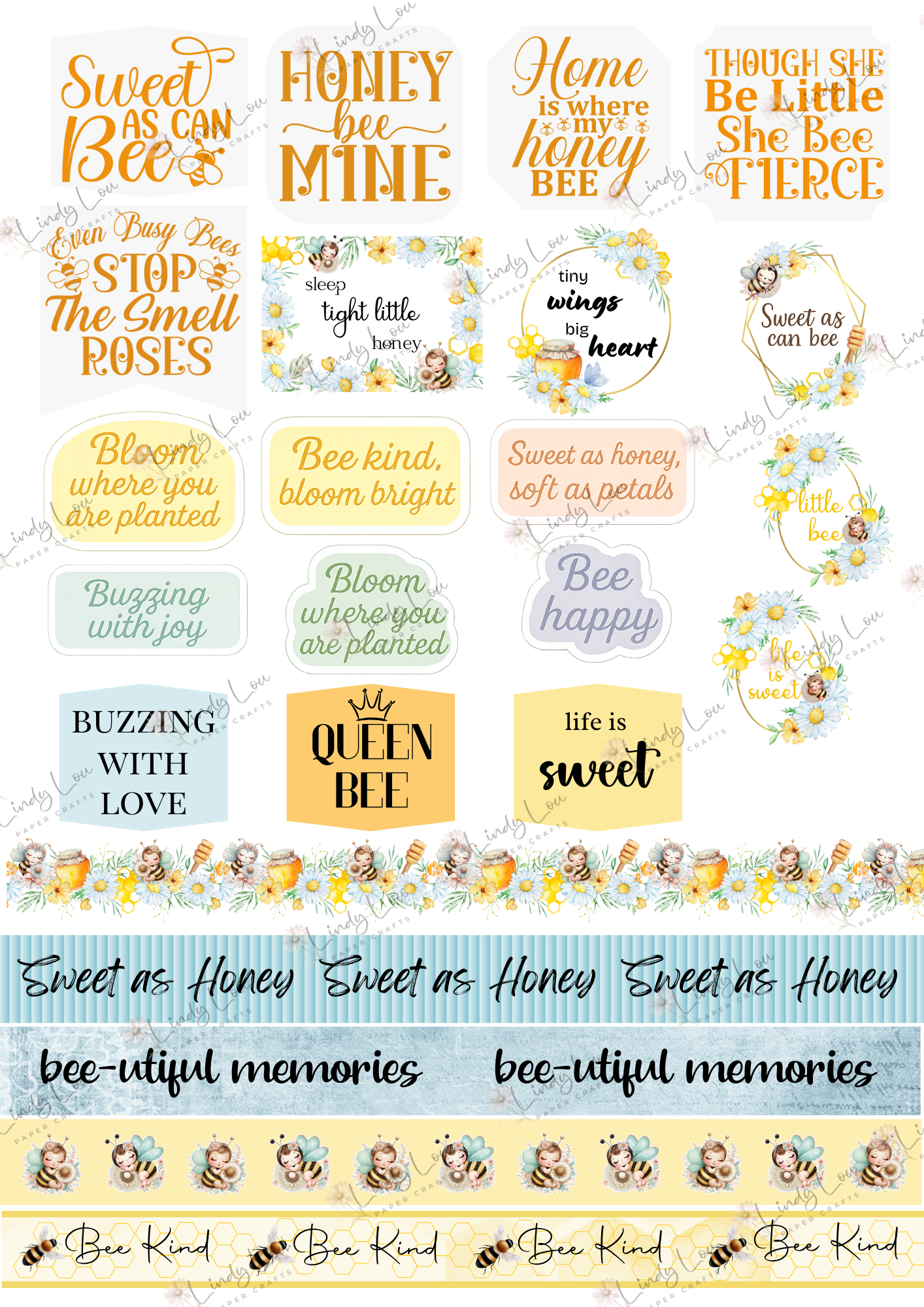 A4 Fussy Cut Sheets  - Little Bee - Bee-utiful Words