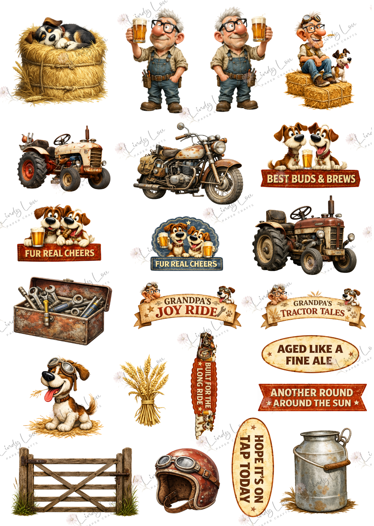 A4 Fussy Cut Sheets - Grandpa's Joy Ride & Tractor Ttales - Bikes, Brews & Buddies