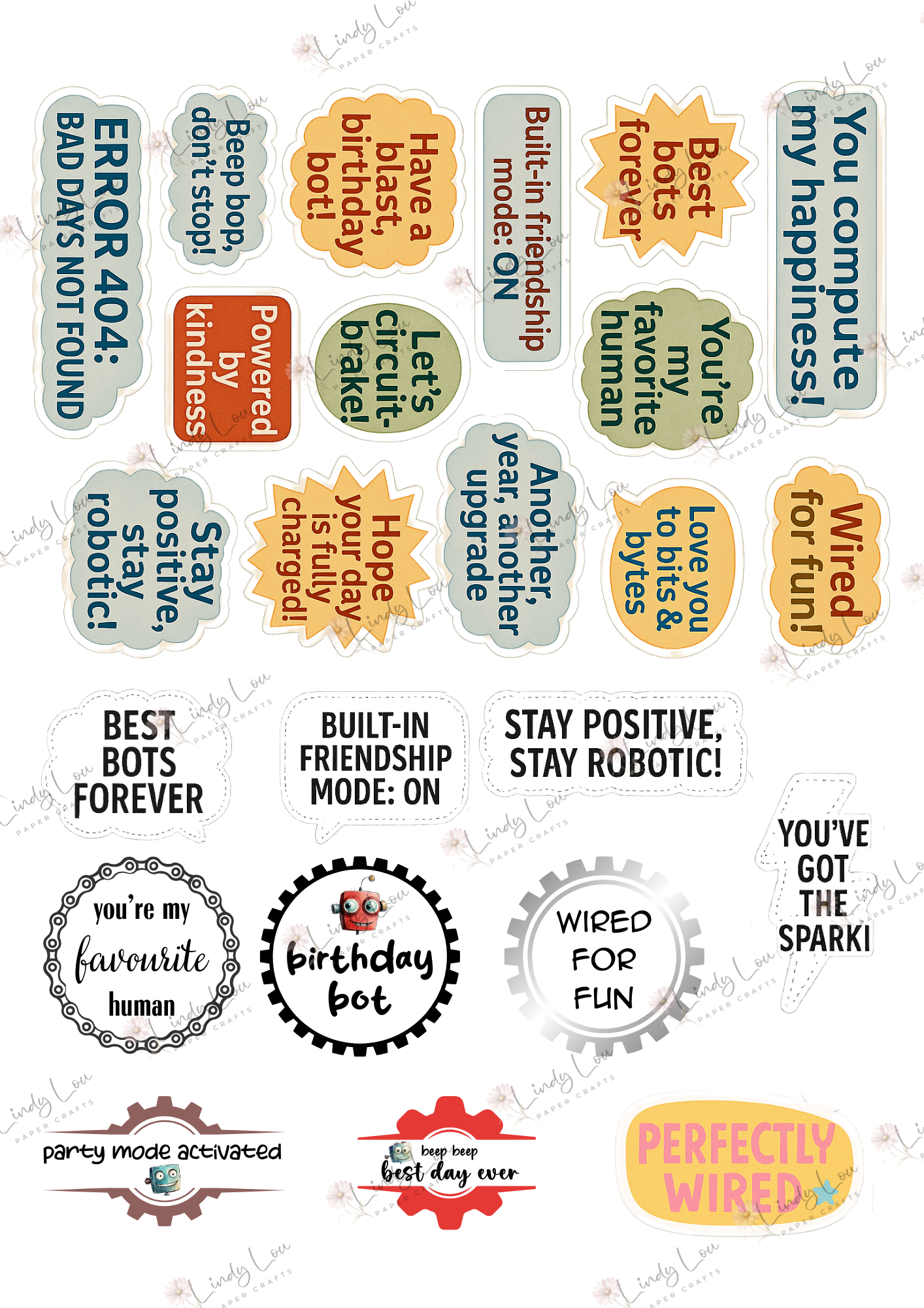 A4 Fussy Cut Sheets  - Robot Squad - Robo Sayings