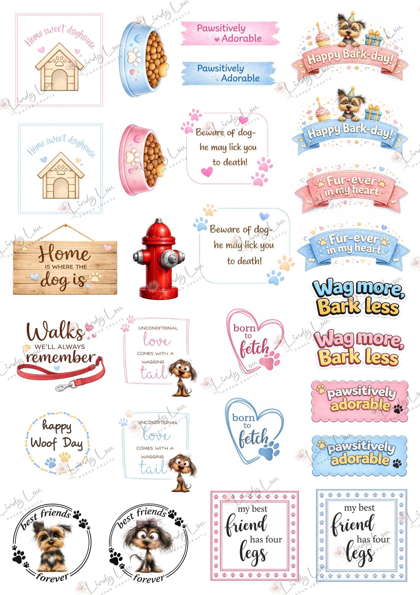 A4 Fussy Cut Sheets - Pawsitively Adorable - Sweet Pup Sentiments