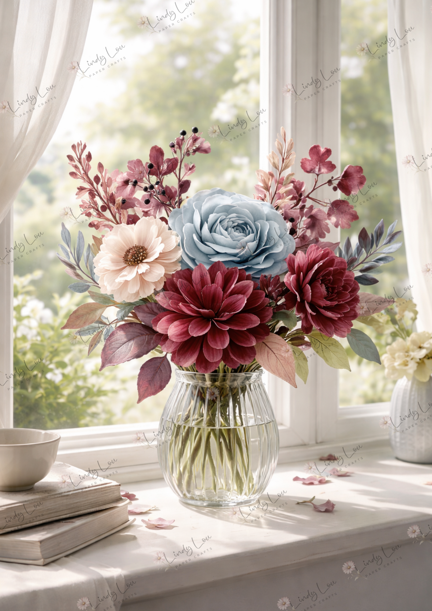 A4 Single Sheet - Burgundy & Blue- Morning Light Blooms