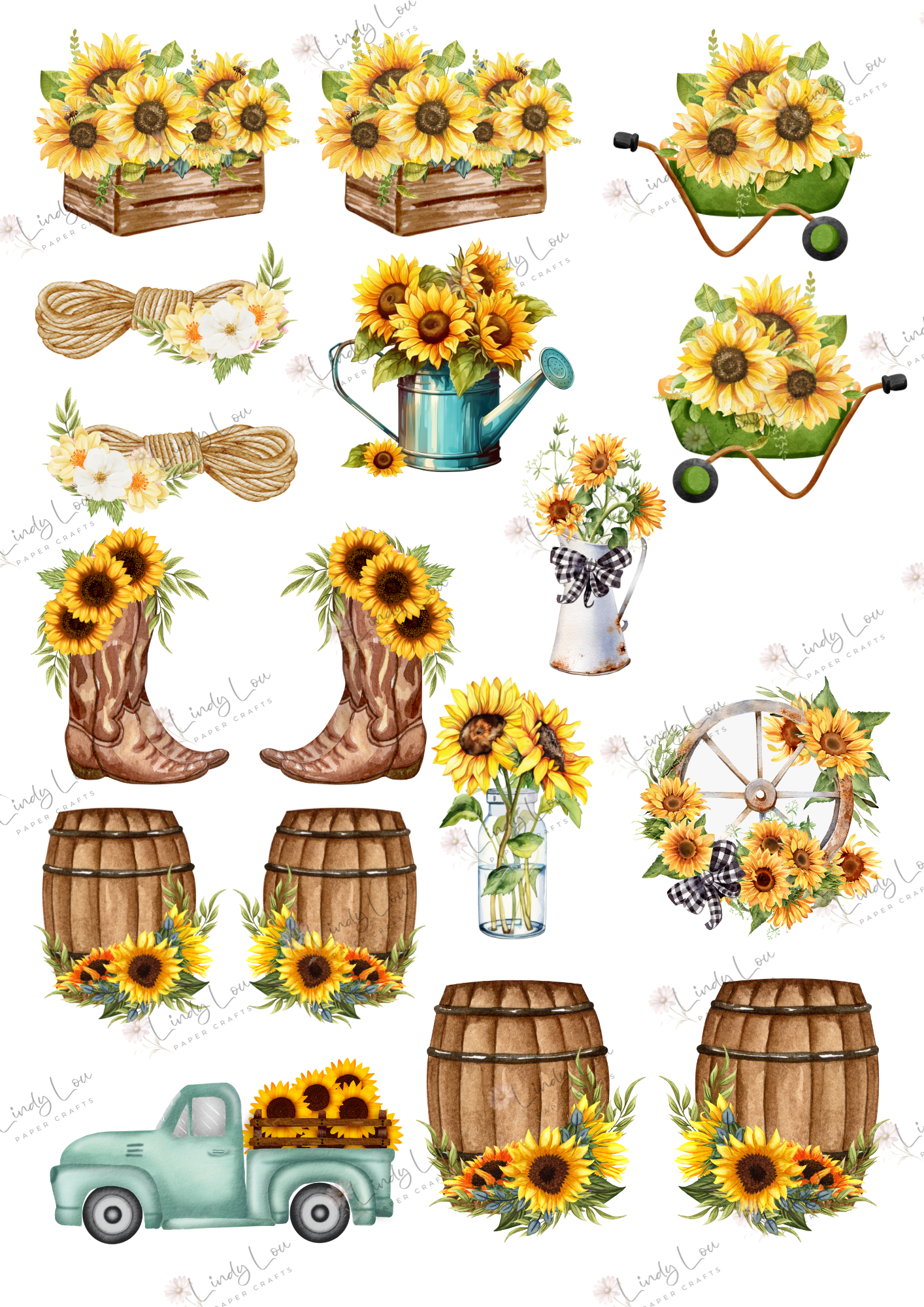 A4 Fussy Cut Sheets  - Sunshine & Moo - Rustic Blooms