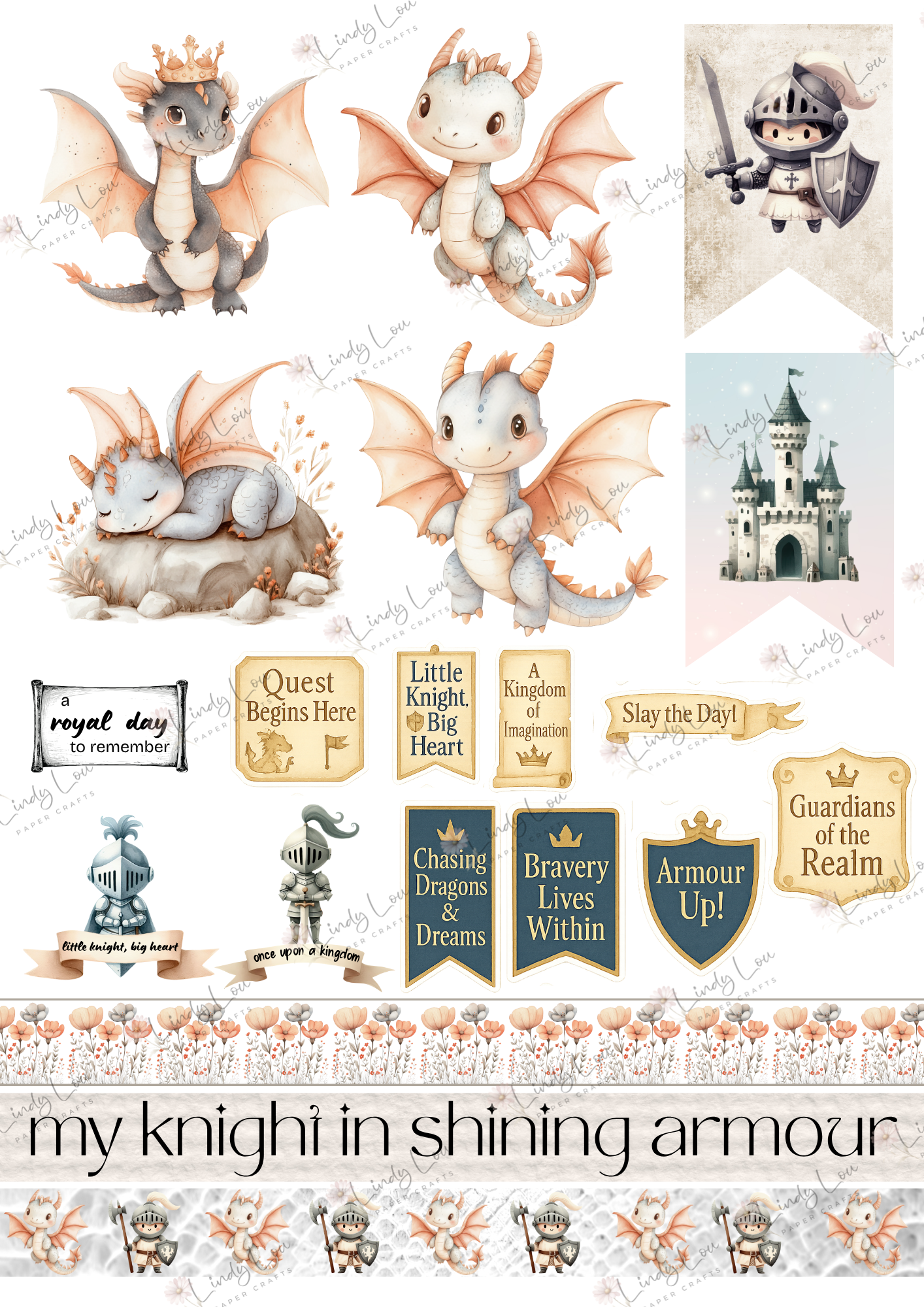 A4 Fussy Cut Sheets  - Knights & Dragons - Dragon Tales & Brave Hearts