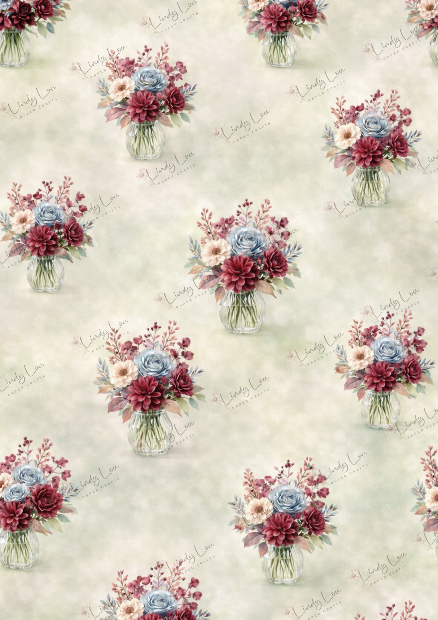 A4 Single Sheet - Burgundy & Blue- Vases of Blooms