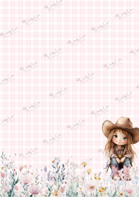 A4 Single Sheet - Cute Little Cowgirl - Flower Field