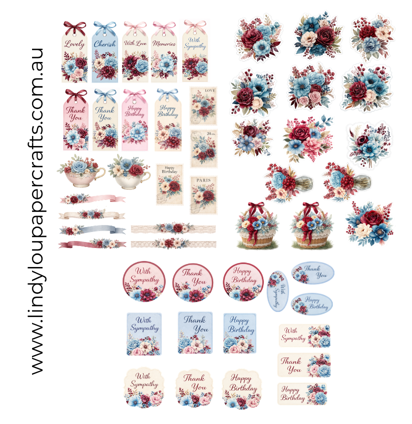 Ephemera: Fussy Cuts - A6 Card Kit - Burgundy & Blue
