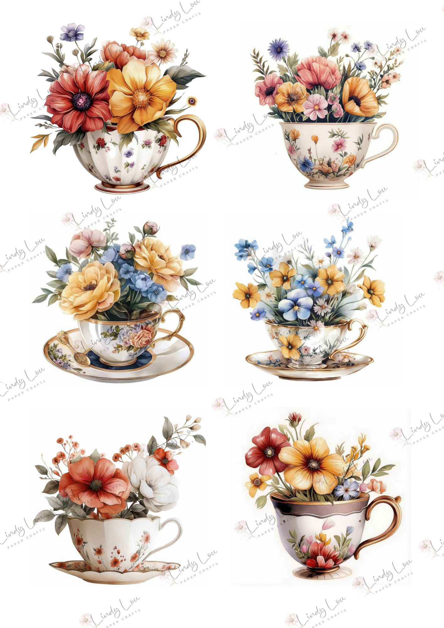 A4 Fussy Cut Sheets  - TeaCup Garden - Tea & Petals