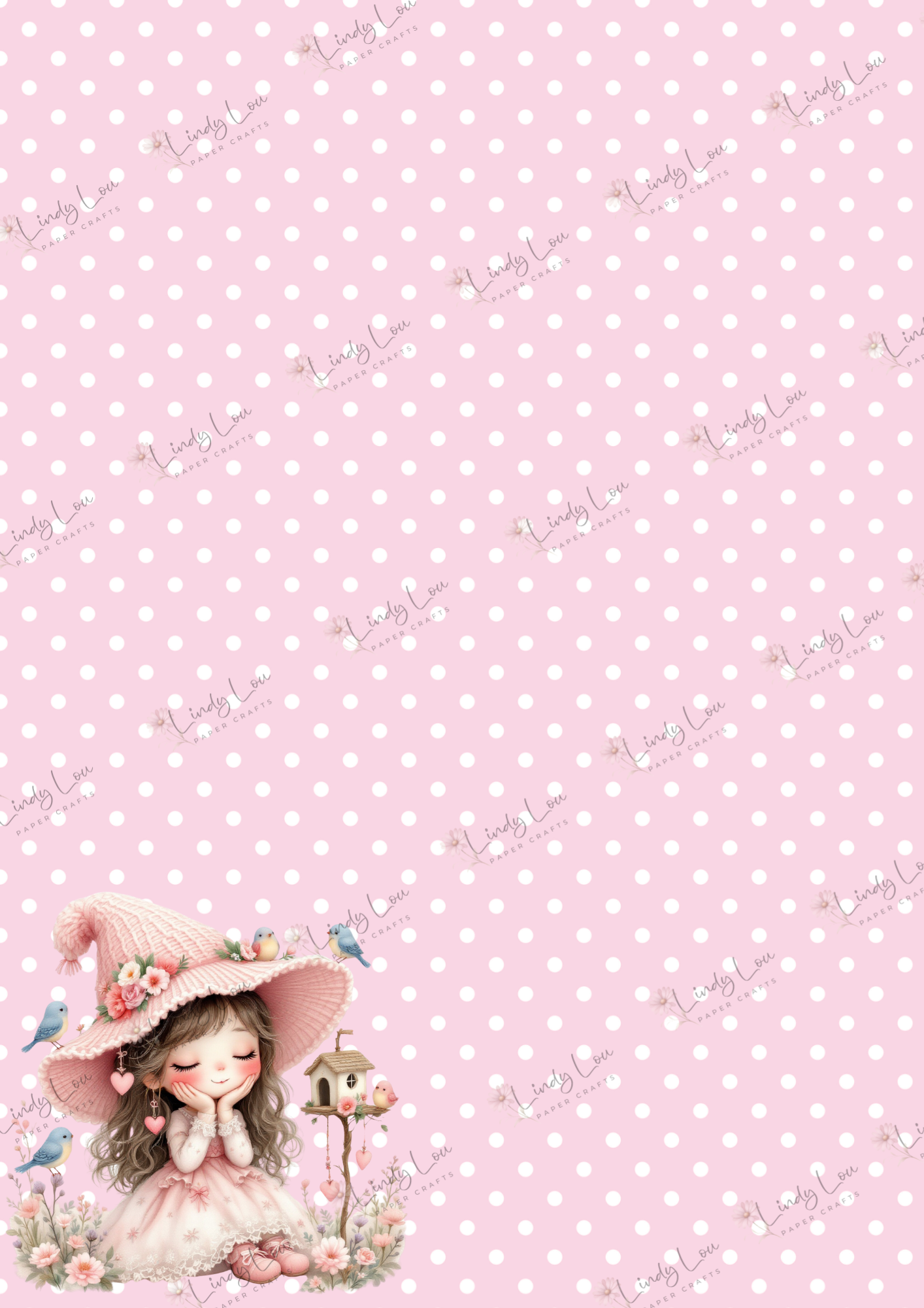 A4 Single Sheet - Blossom & Bluebirds - Pink Dots