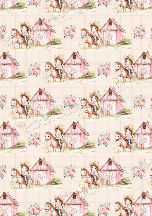 A4 Single Sheet - Cute Little Cowgirl - Pink Barn