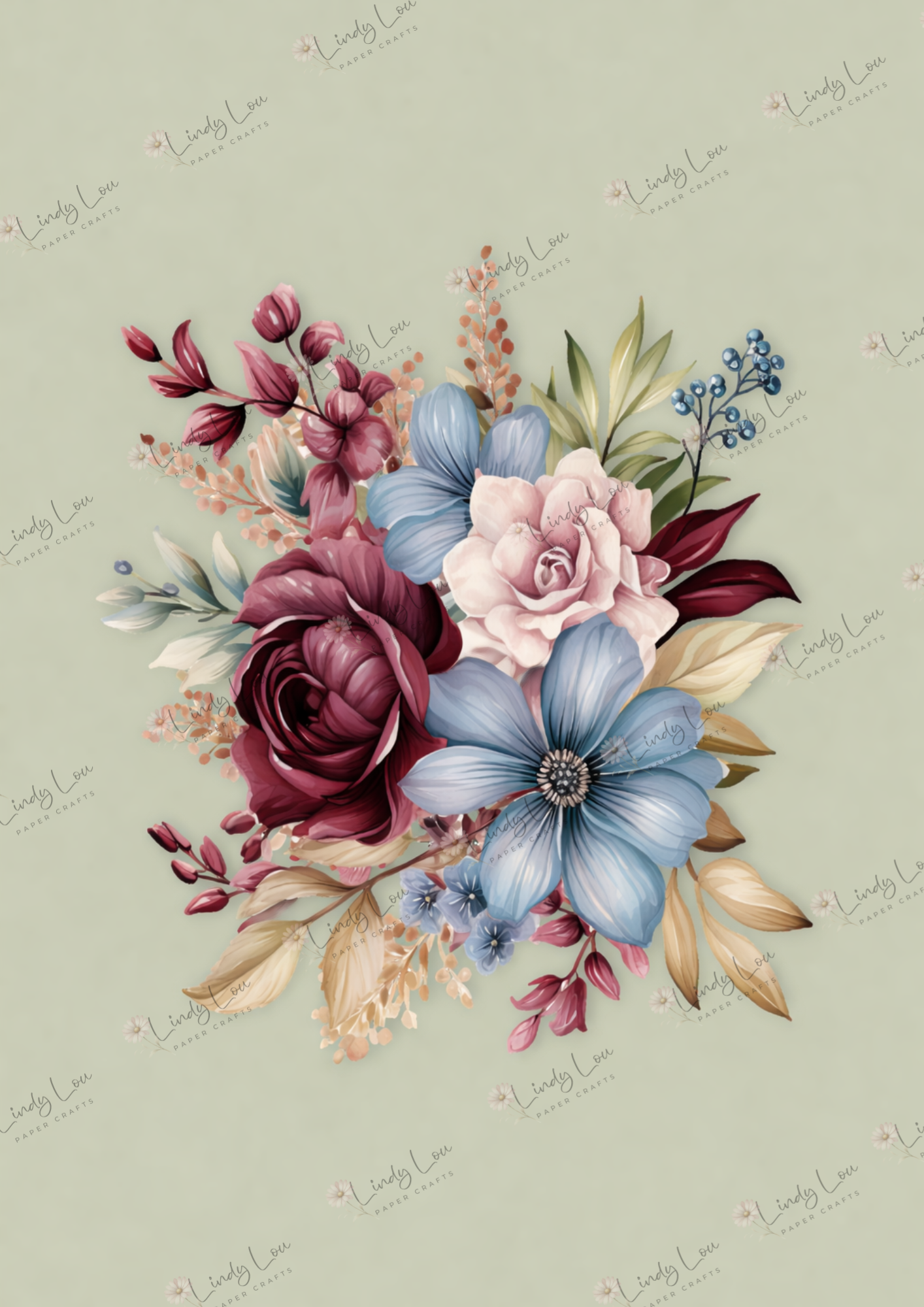 A4 Single Sheet - Burgundy & Blue- Garden Harmony