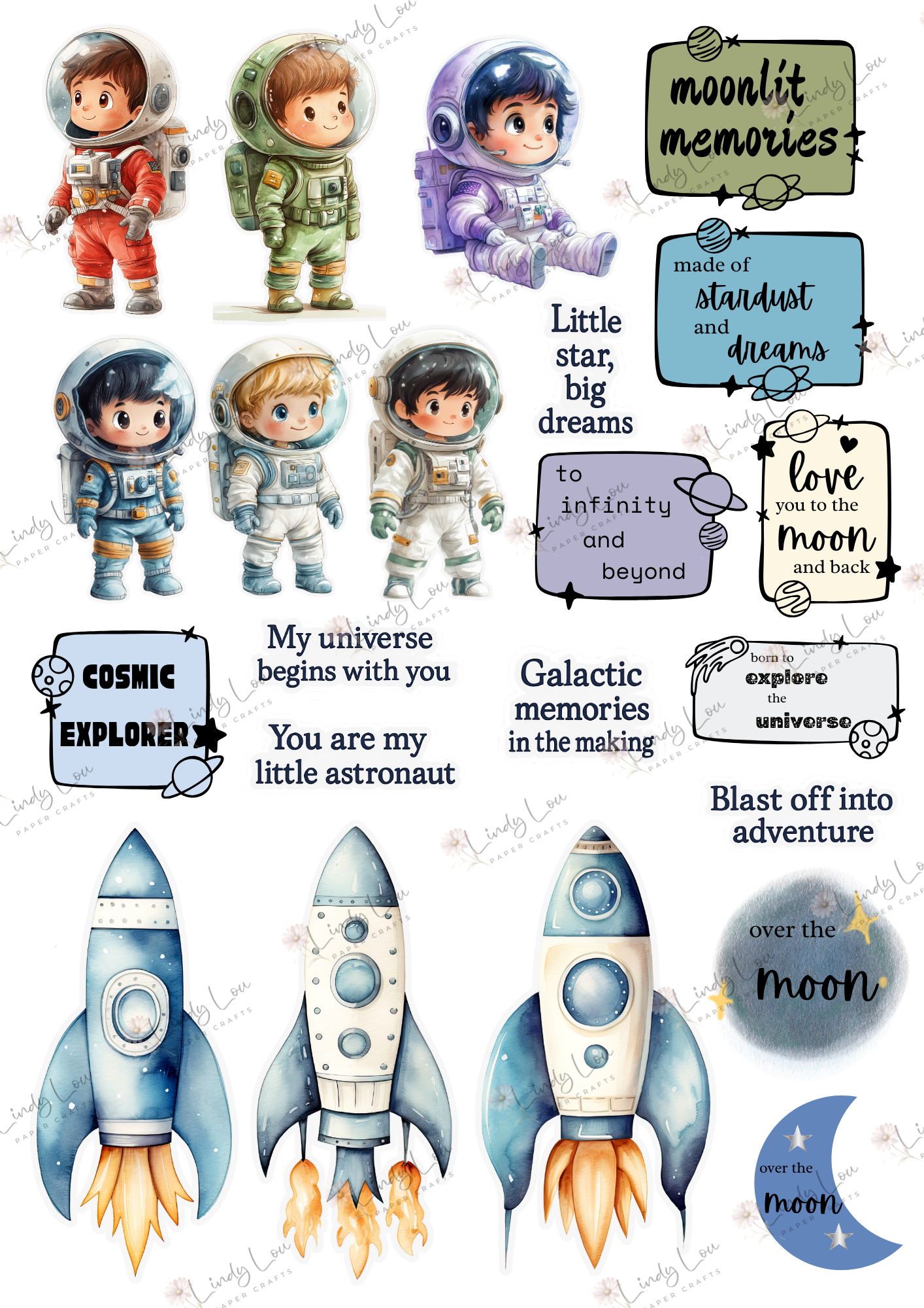A4 Fussy Cut Sheets - Cosmic Cuties - Blast Off Adbentures