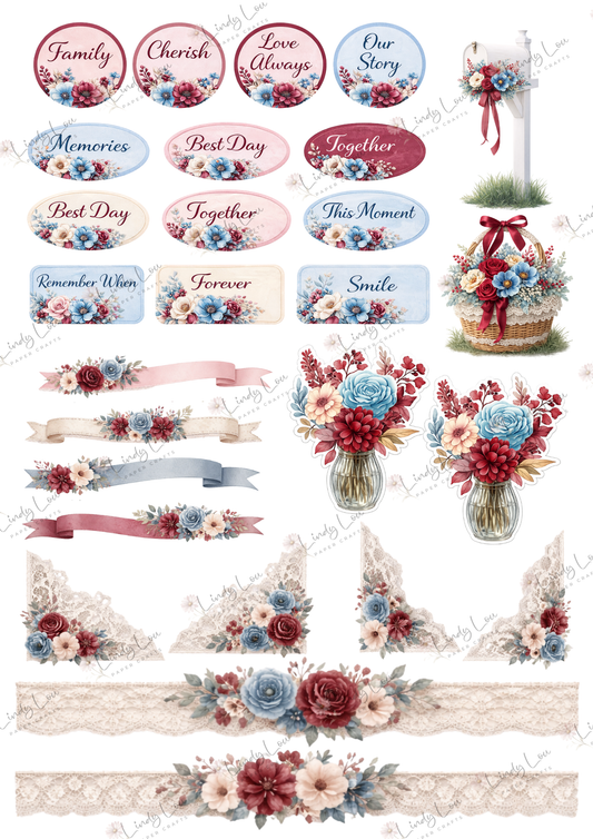 A4 Fussy Cut Sheets  - Burgundy & Blue - Sweet Sentiments & Lace