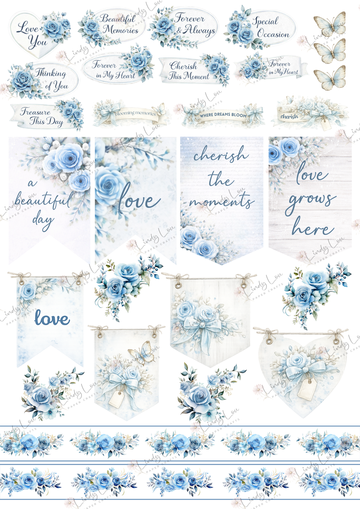A4 Fussy Cut Sheets  - Whispers in Blue - Cherished Words