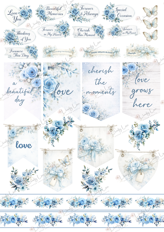 A4 Fussy Cut Sheets  - Whispers in Blue - Cherished Words