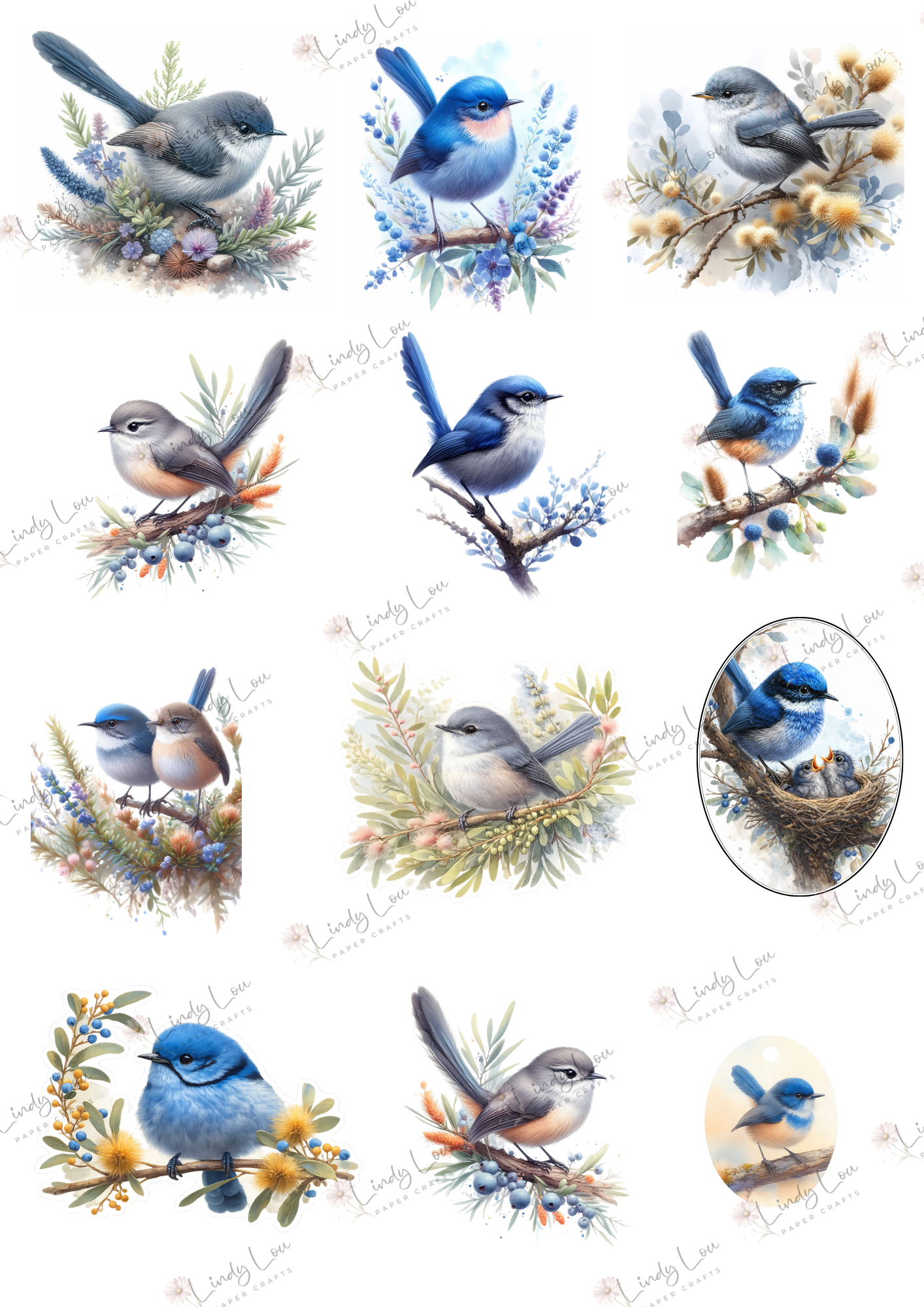 A4 Fussy Cut Sheets  - Bluebirds of Happiness - Feathered Friends