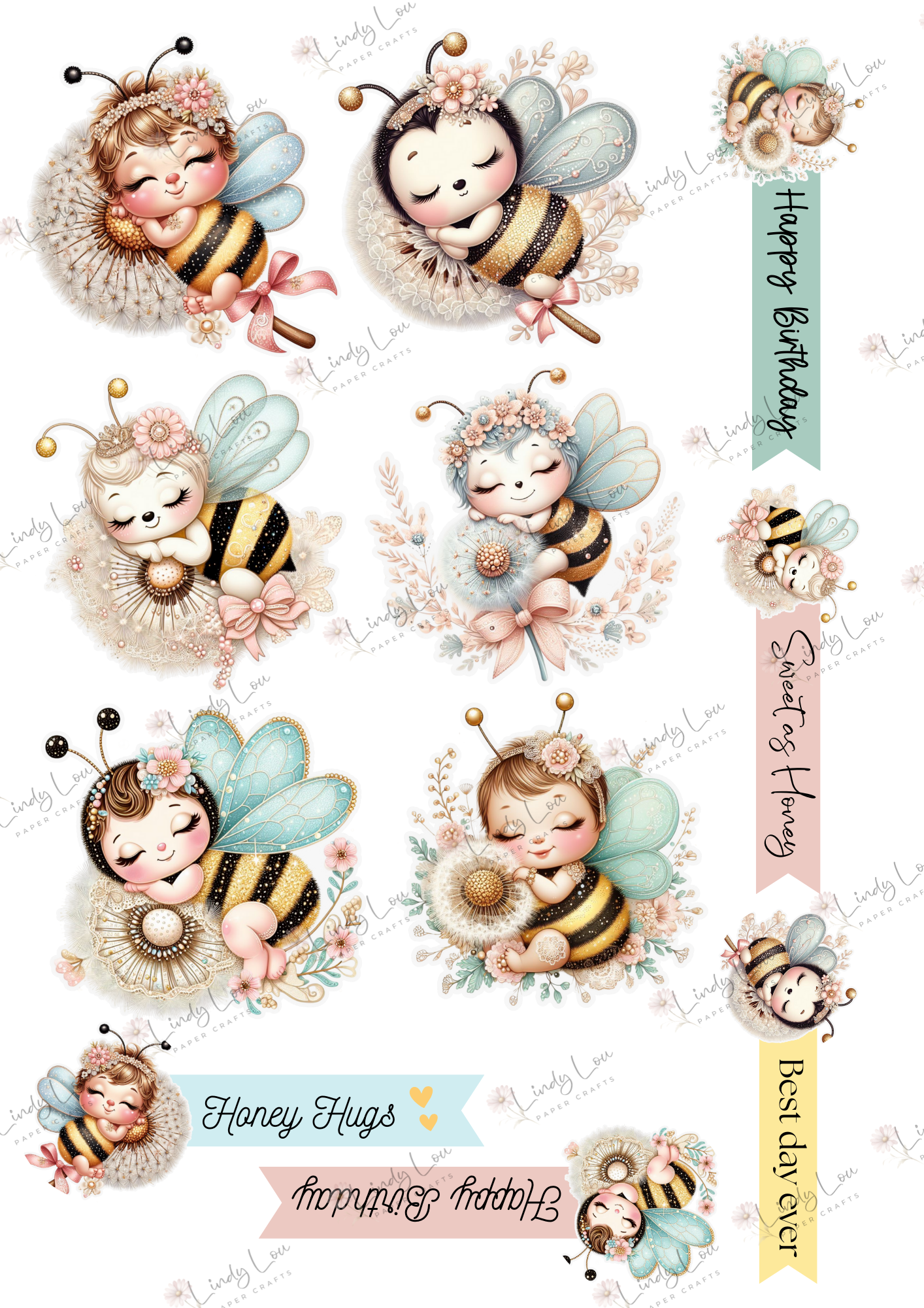 A4 Fussy Cut Sheets  - Little Bee - Honey Hugs