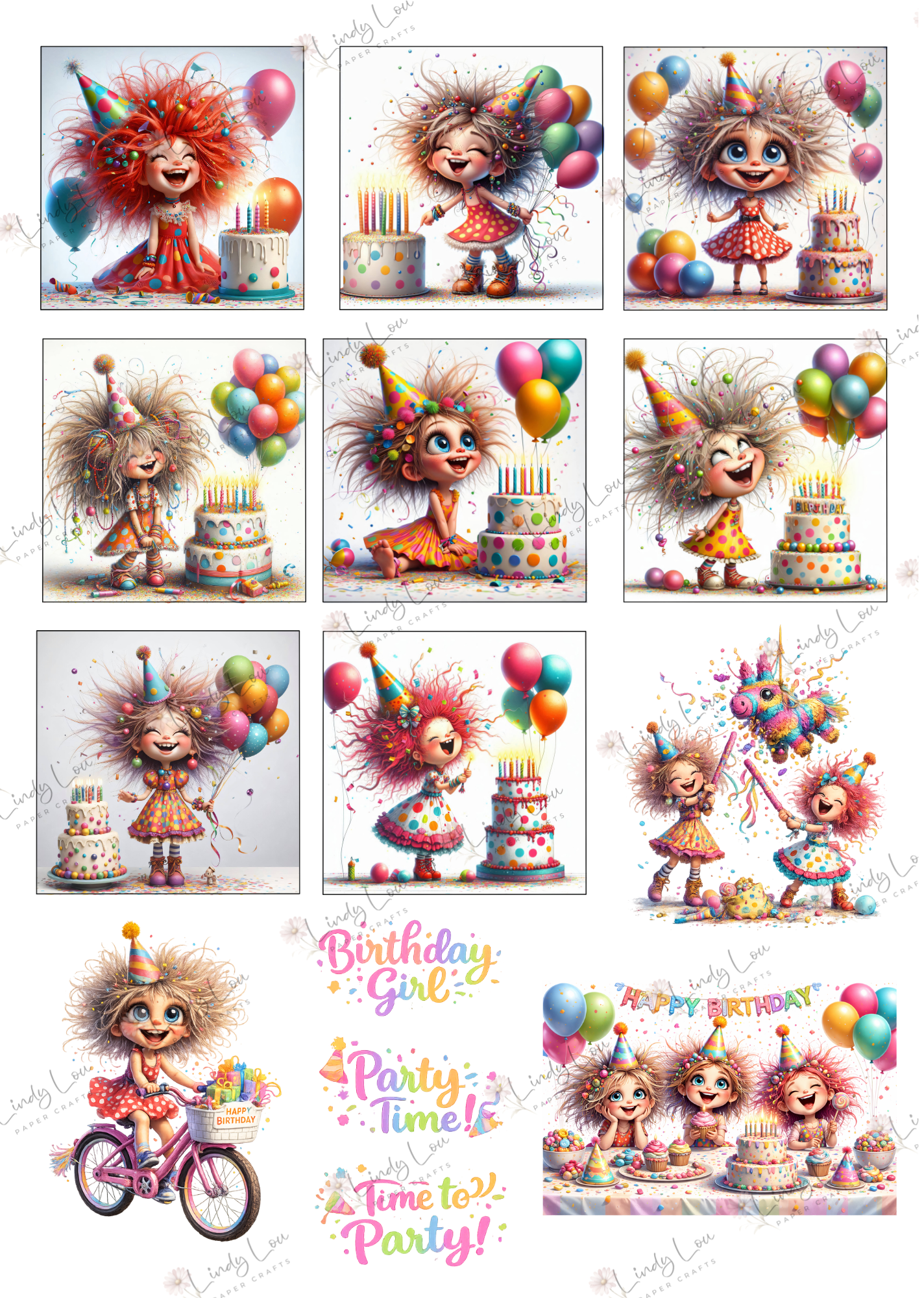 A4 Fussy Cut Sheets  - Birthday Giggles - Party Time Pals