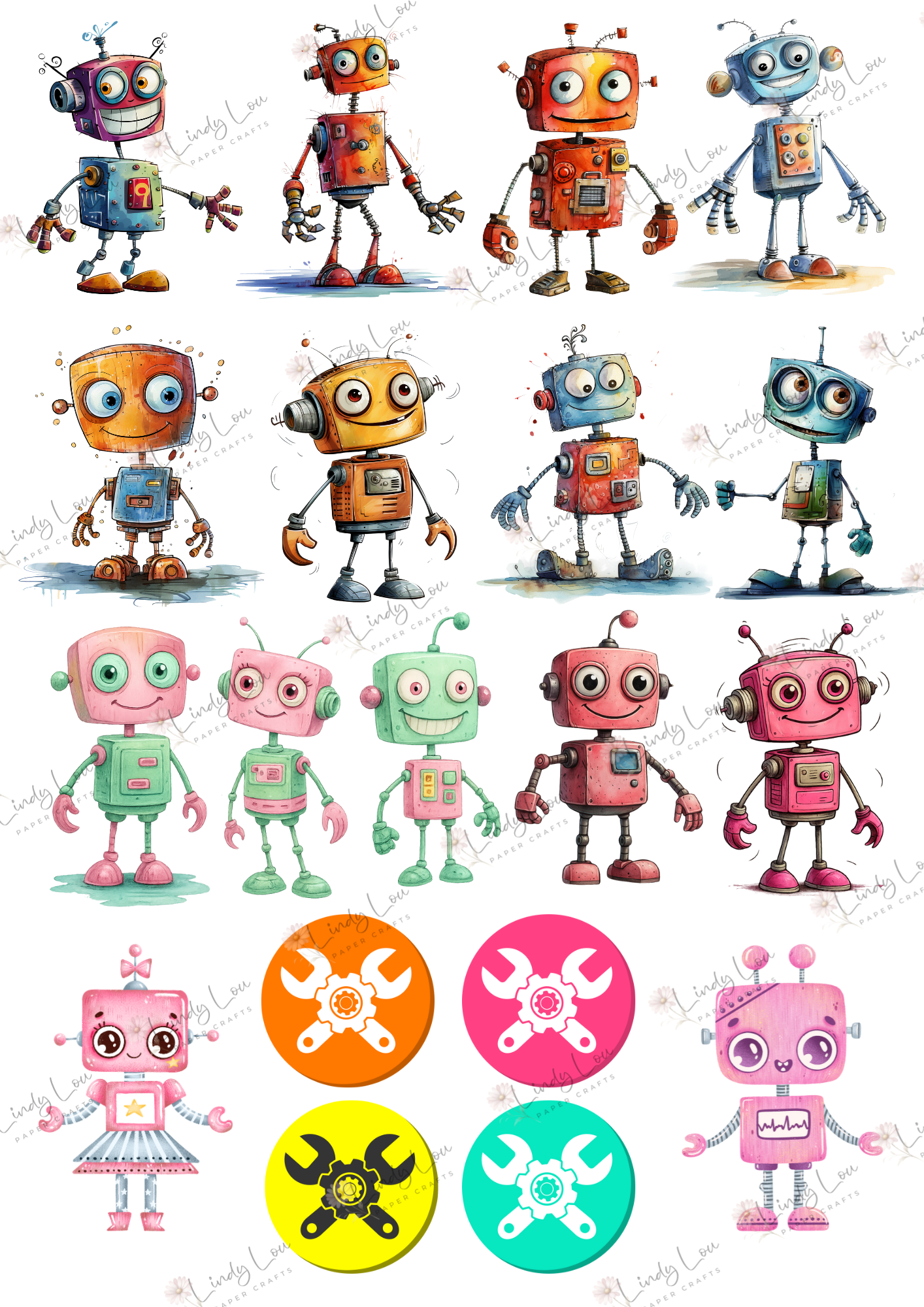 A4 Fussy Cut Sheets  - Robot Squad - Robo Pals