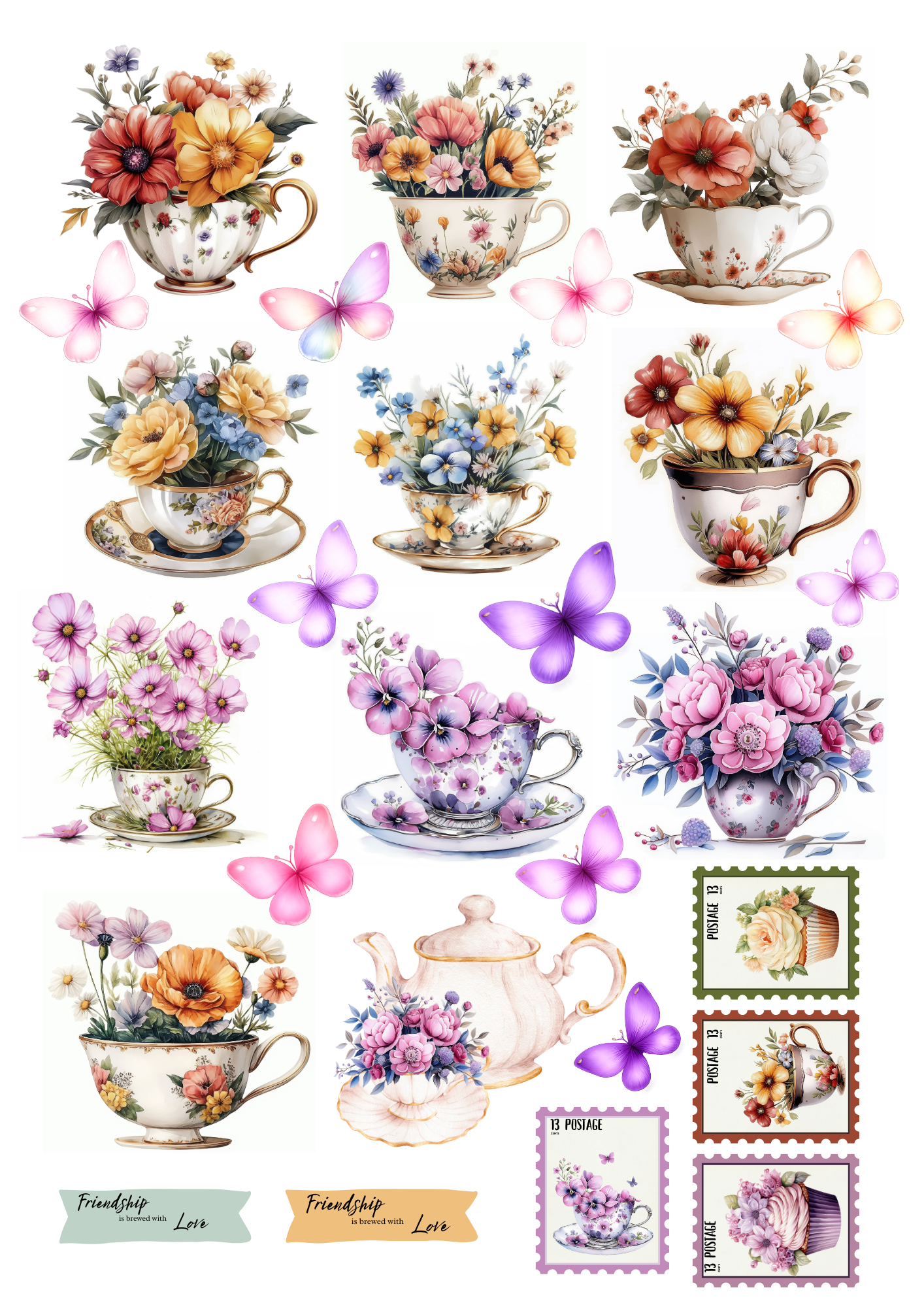 A4 Fussy Cut Sheets - Teacup Garden - Tea & Petals