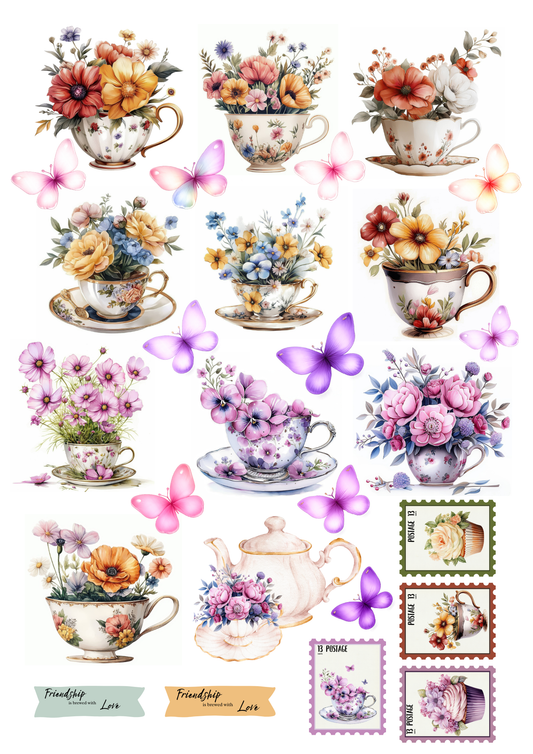A4 Fussy Cut Sheets - Teacup Garden - Tea & Petals