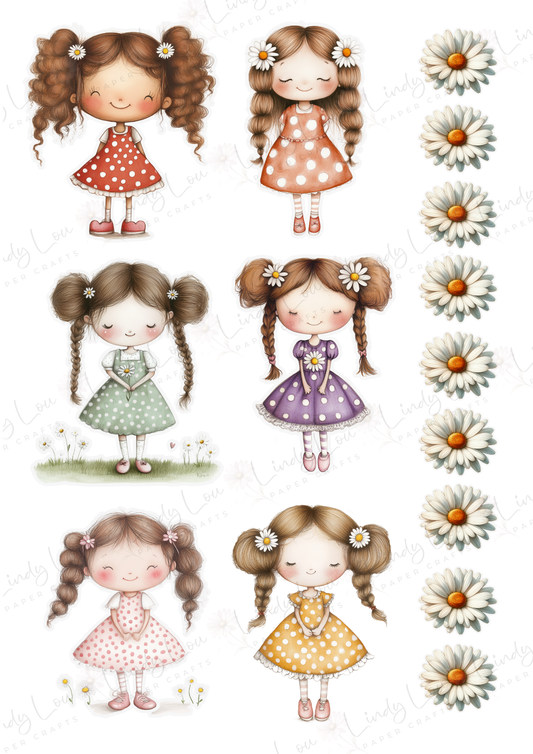 A4 Fussy Cut Sheets - Daisy Girls - Polka Dot Pretties