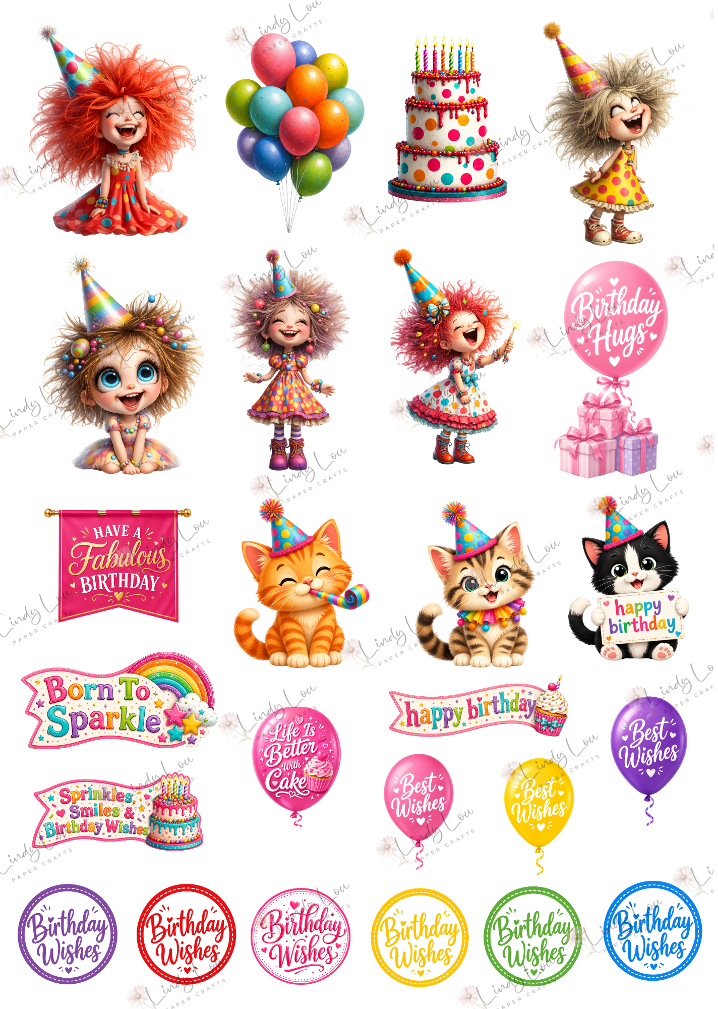 A4 Fussy Cut Sheets  - Birthday Giggles - Birthday Wishes