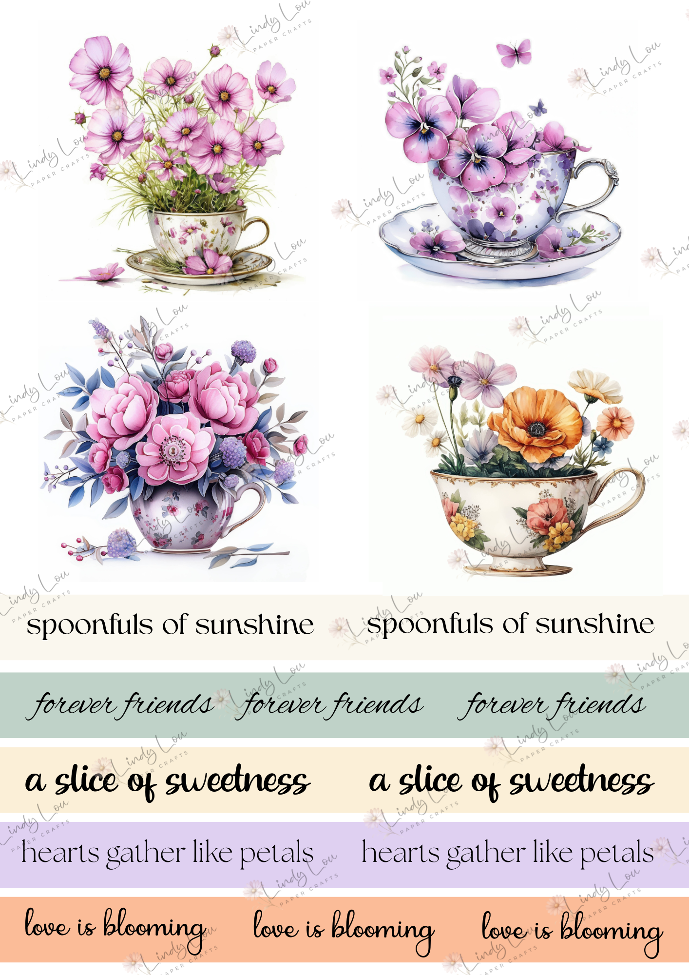 A4 Fussy Cut Sheets  - TeaCup Garden - Blossoms & Brew