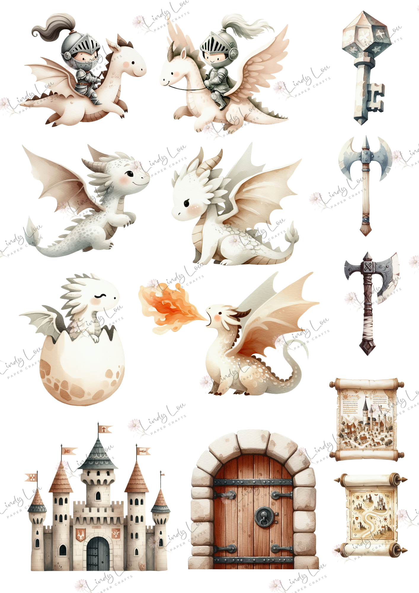 A4 Fussy Cut Sheets  - Knights & Dragons - Dragons & Castles