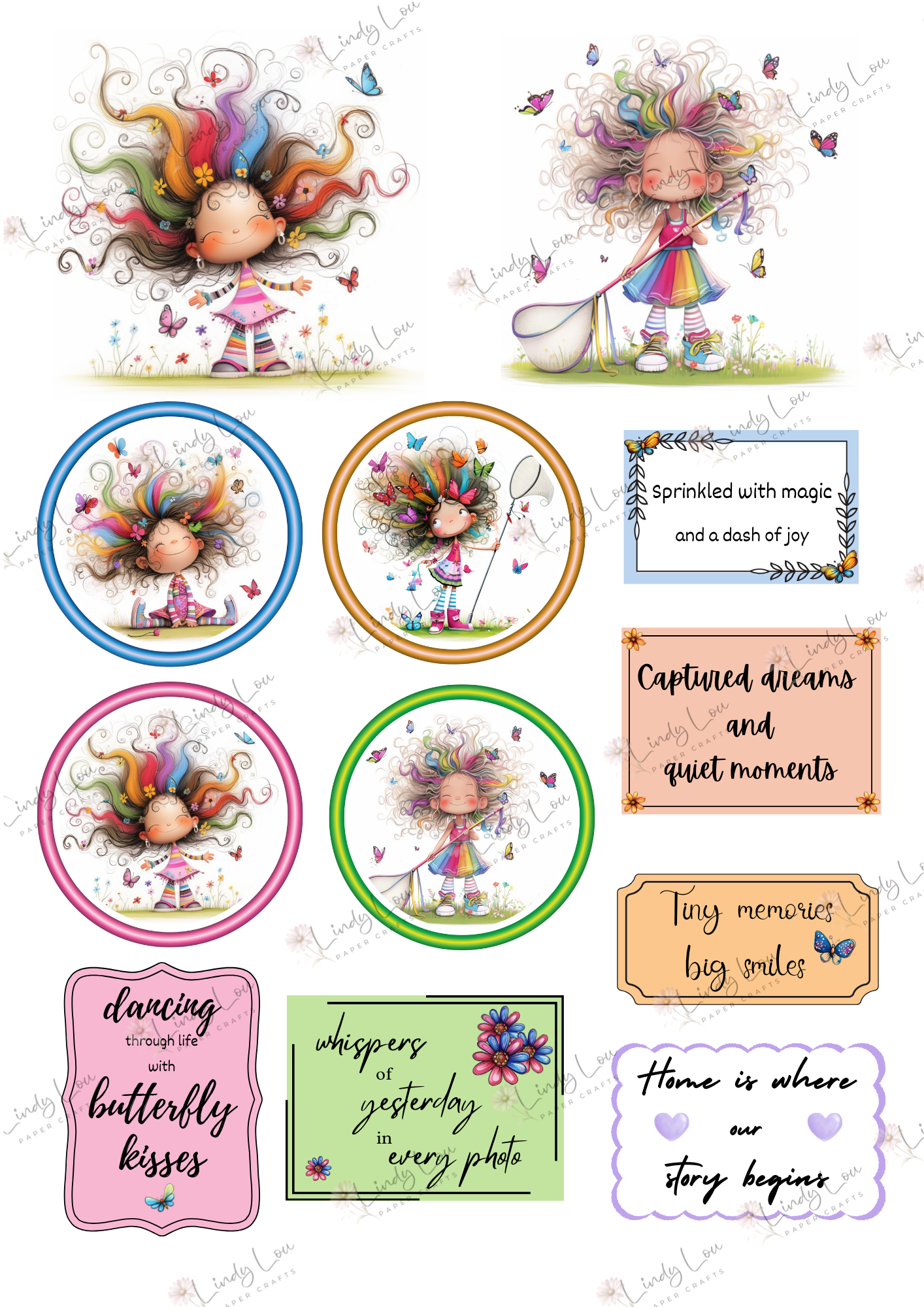 A4 Fussy Cut Sheets - Butterfly Kisses & Quirky Wishes - Whimsical