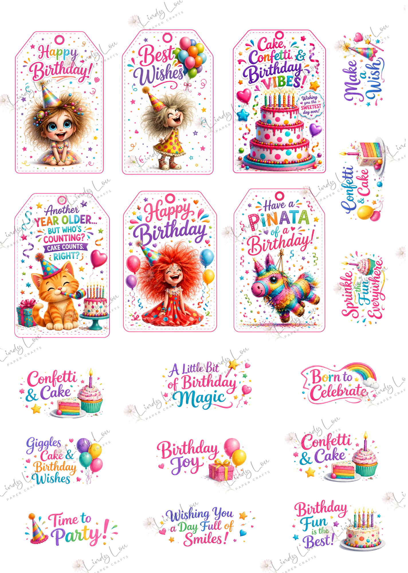 A4 Fussy Cut Sheets  - Birthday Giggles - Birthday Magic Tags