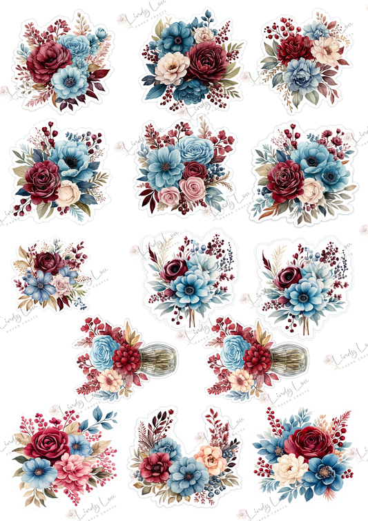 A4 Fussy Cut Sheets  - Burgundy & Blue - Floral Bouquets