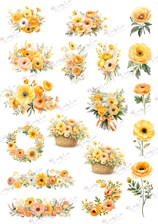 A4 Fussy Cut Sheets  - Buttercream Blooms - Buttercream Bouquet Bliss