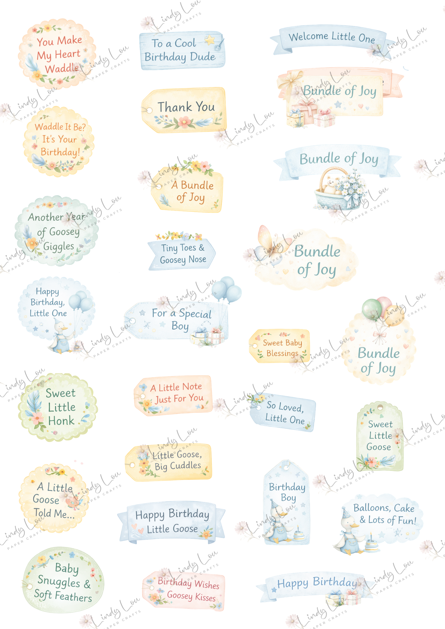 A4 Fussy Cut Sheets  - Little Goose Adventures - Goosey Sentiments
