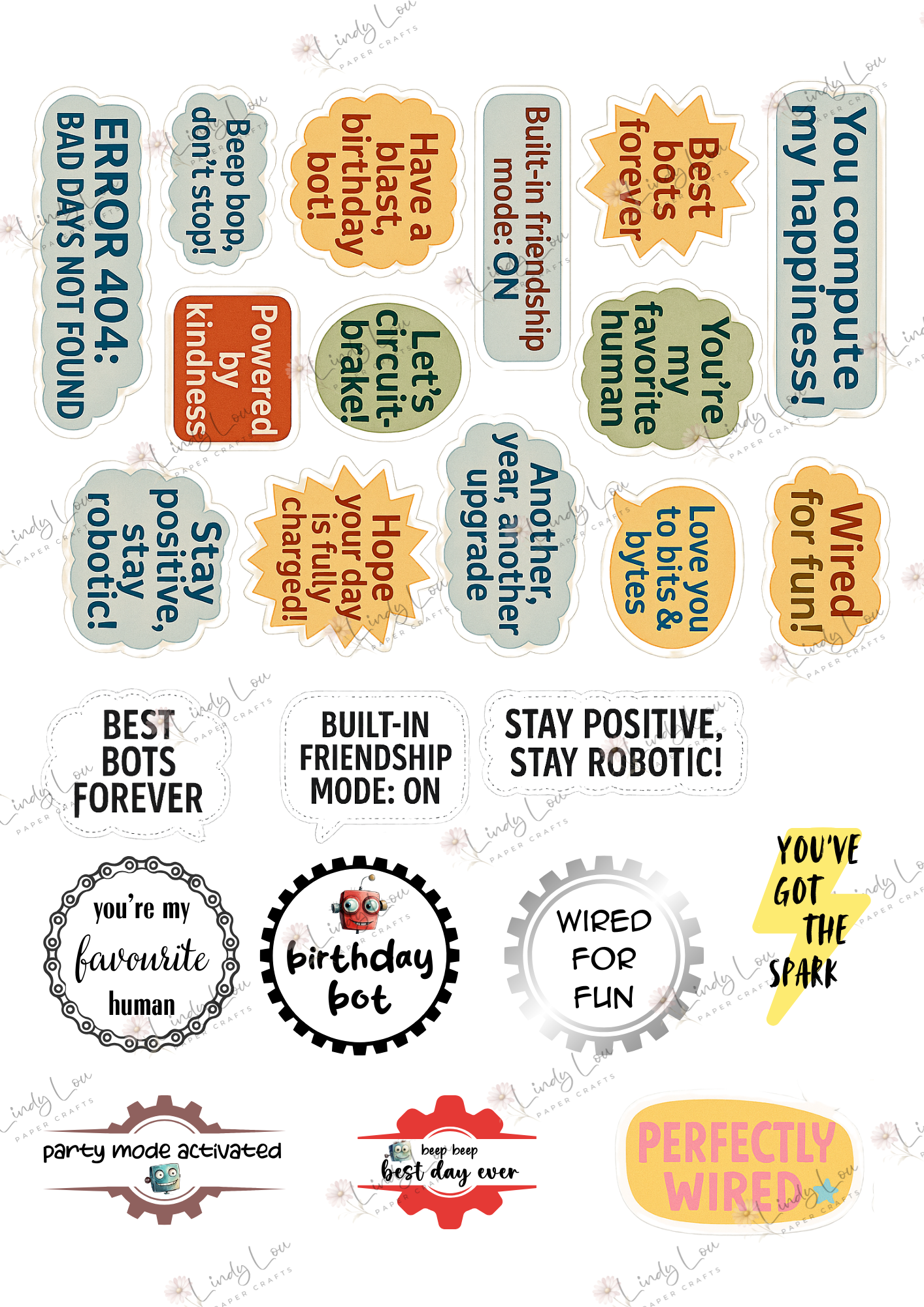 A4 Fussy Cut Sheets  - Robot Squad - Robo Sayings