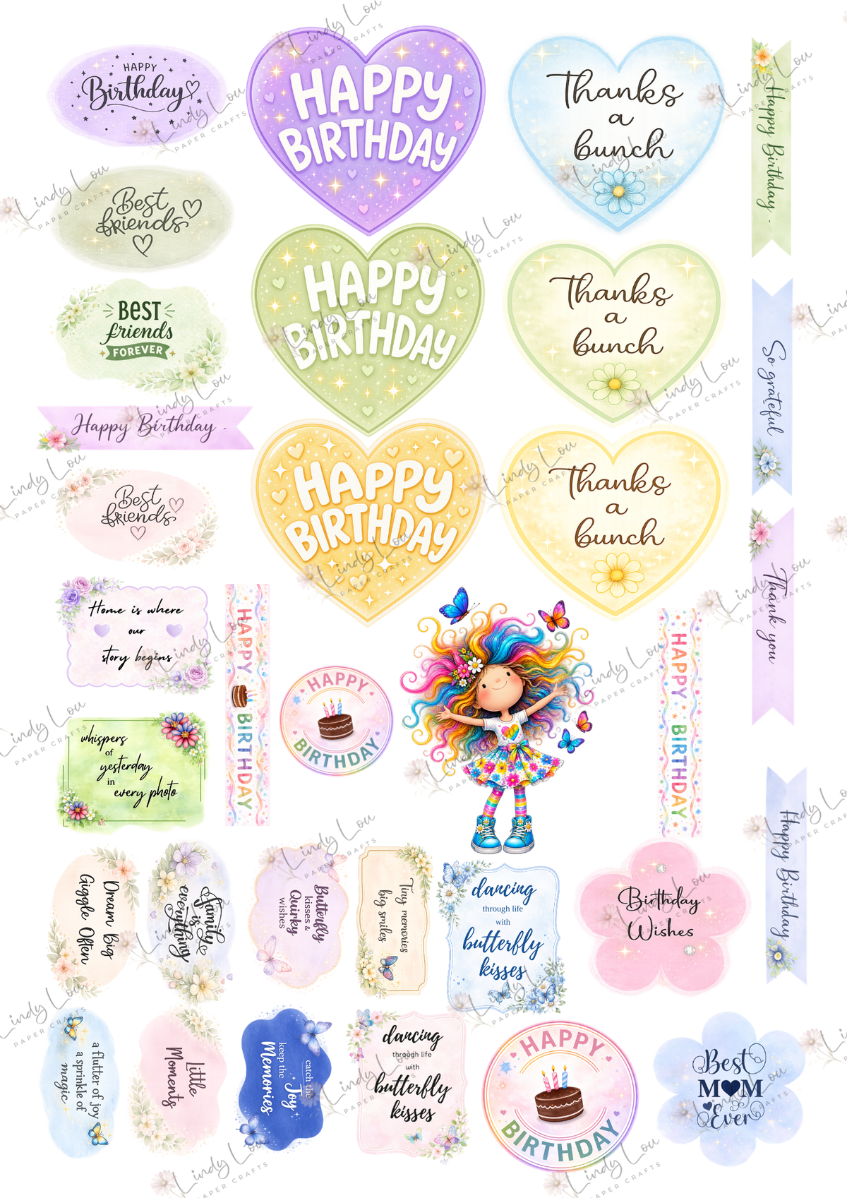 A4 Fussy Cut Sheets - Butterfly Kisses & Quirky Wishes - Whimsical Sayings