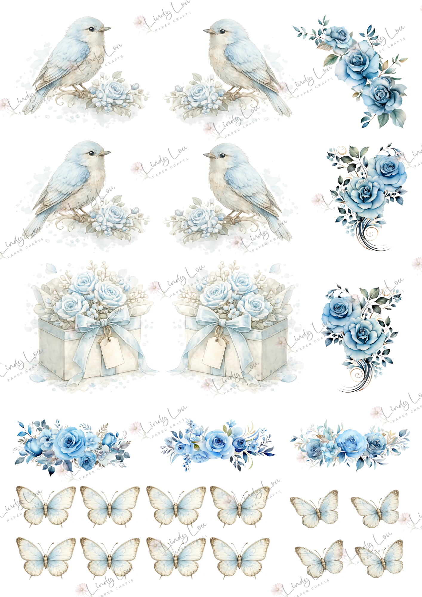 A4 Fussy Cut Sheets  - Whispers in Blue - Wings & Blooms