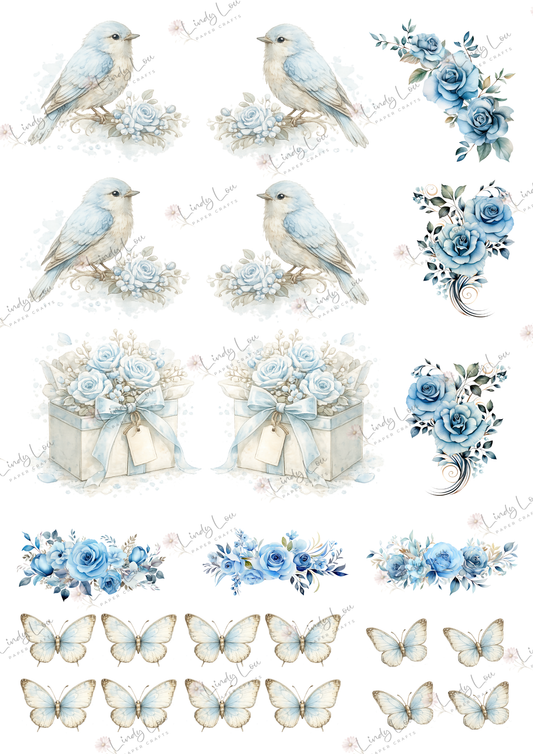 A4 Fussy Cut Sheets  - Whispers in Blue - Wings & Blooms