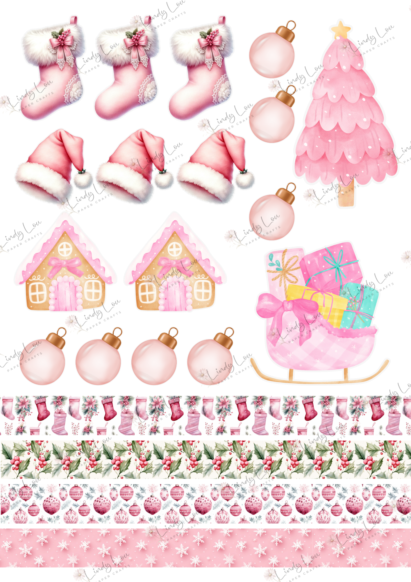 A4 Fussy Cut Sheets  - Pink Christmas - Snowy Pink Dreams