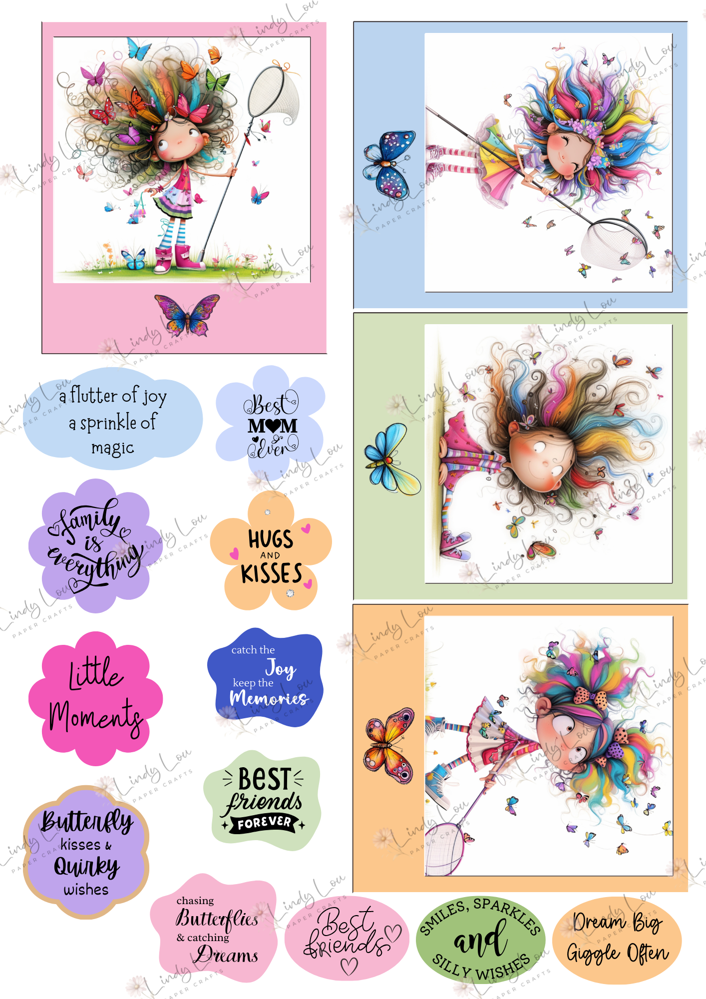 A4 Fussy Cut Sheets - Butterfly Kisses & Quirky Wishes - Flutter & Fancy