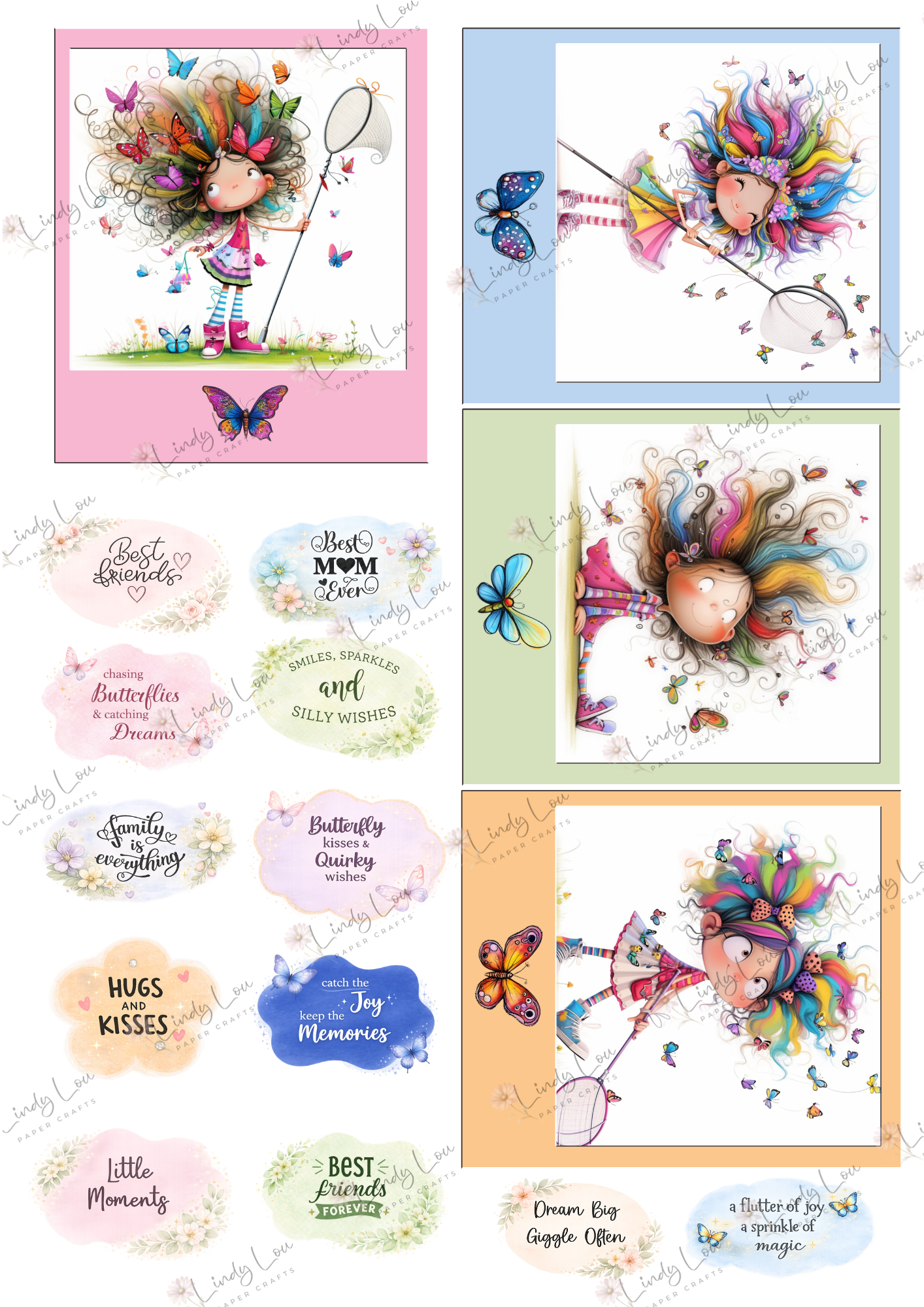 A4 Fussy Cut Sheets - Butterfly Kisses & Quirky Wishes - Flutter & Fancy